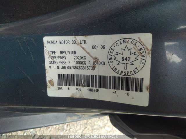 Honda Cr-v Se/ex 2006 JHLRD789X6C815730 Image 10