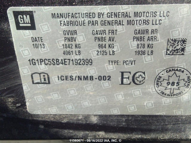 Chevrolet Cruze 2014 1G1PC5SB4E7192399 Image 10
