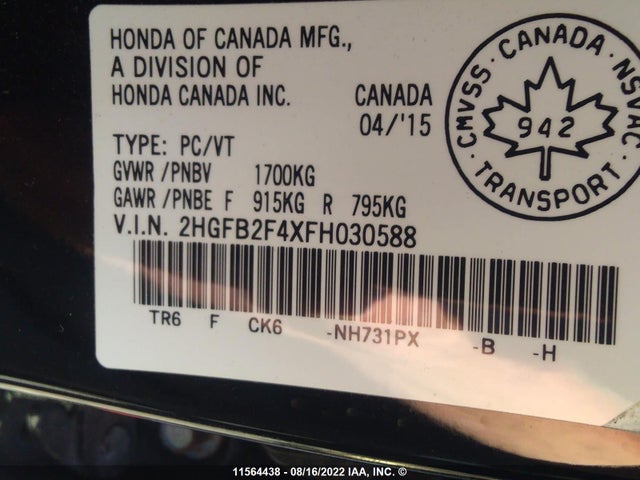 Honda Civic 2015 2HGFB2F4XFH030588 Image 9