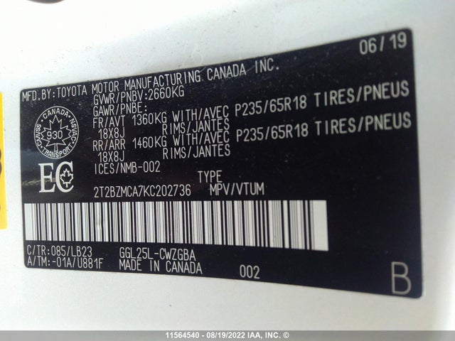 2T2BZMCA7KC202736 Lexus Rx 350 Base/350 F-sport