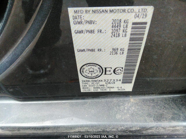 Nissan ALTIMA SV 2019 1N4BL4DW5KN327334 Image 9