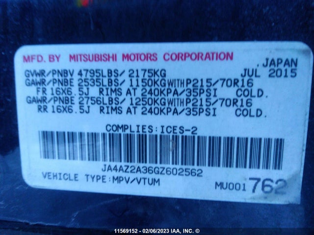 JA4AZ2A36GZ602562 Mitsubishi Outlander Es