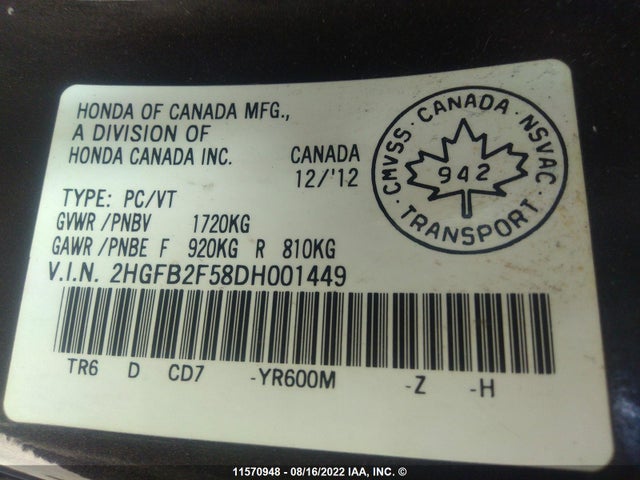 Honda Civic Lx 2013 2HGFB2F58DH001449 Image 10