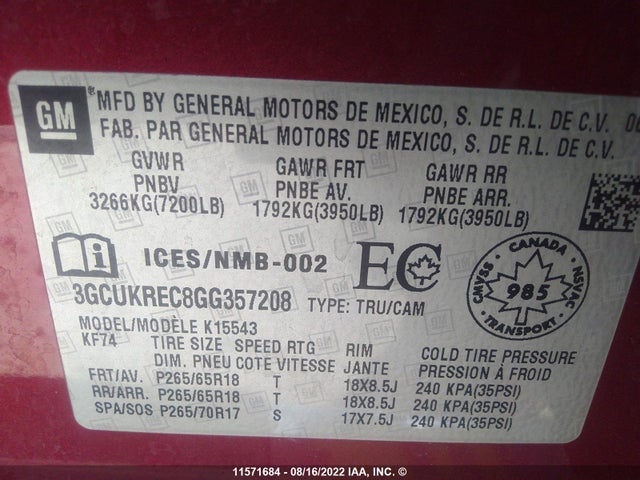 Chevrolet Silverado K1500 Lt 2016 3GCUKREC8GG357208 Image 9
