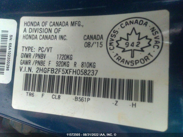 Honda Civic Lx 2015 2HGFB2F5XFH058237 Image 9