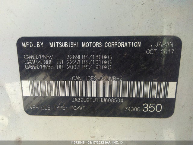 JA32U2FU1HU608504 Mitsubishi LANCER ES
