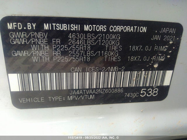 JA4ATVAA2NZ600886 Mitsubishi Eclipse Cross Le