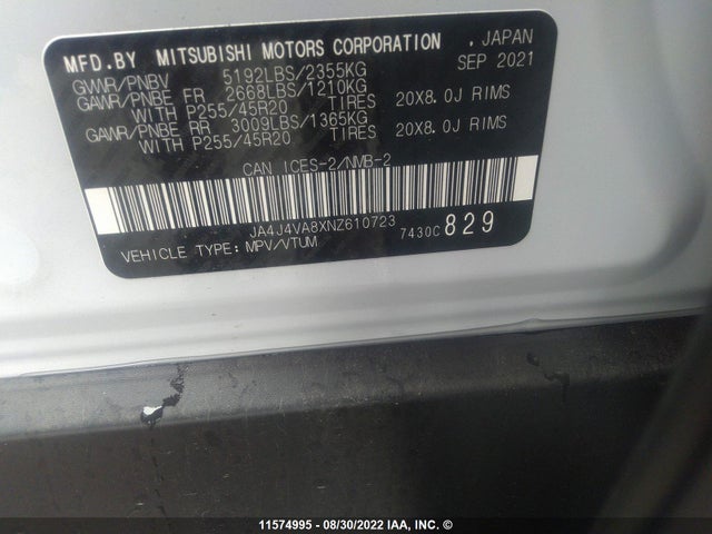 JA4J4VA8XNZ610723 Mitsubishi Outlander Sel/sel Special Edition