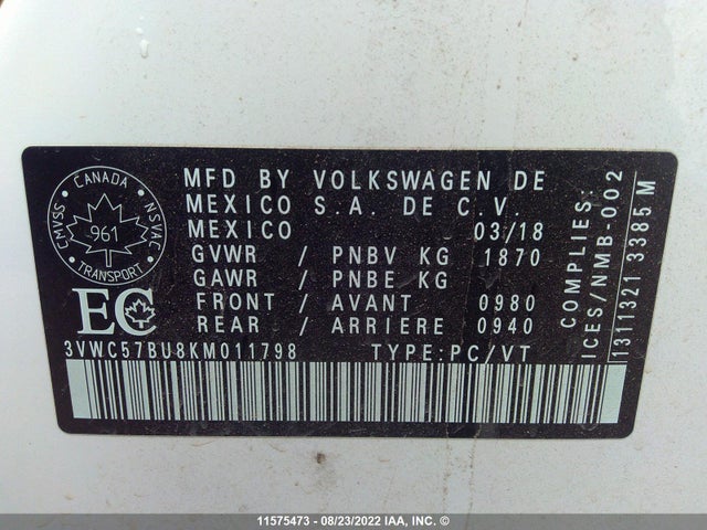 3VWC57BU8KM011798 Volkswagen Jetta S/se/r-line