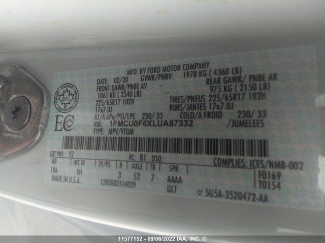 Ford ESCAPE S 2020 1FMCU0F6XLUA87332 Image 9