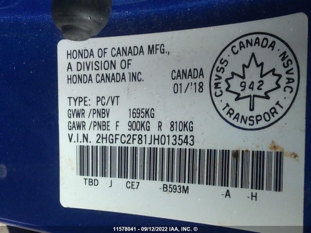 Honda Civic 2018 2HGFC2F81JH013543 Image 9