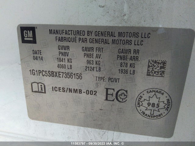 Chevrolet Cruze 2014 1G1PC5SBXE7356156 Image 10