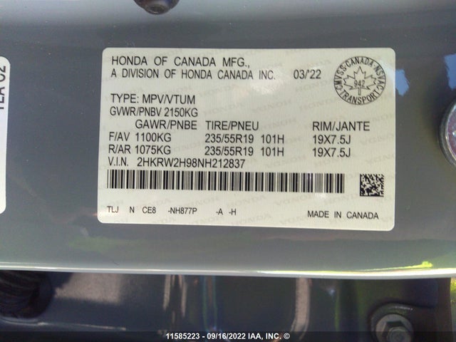 Honda Cr-v Touring 2022 2HKRW2H98NH212837 Image 10