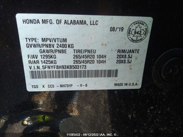 Honda Passport Touring 2019 5FNYF8H93KB503173 Image 9