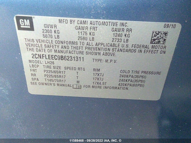 Chevrolet EQUINOX LT 2011 2CNFLEEC9B6231311 Image 9