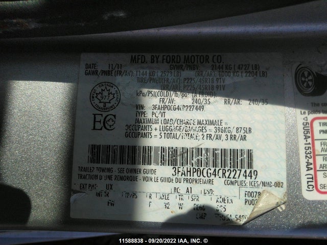 Продажа на аукционе авто 2012 Ford Fusion Sel, vin: 3FAHP0CG4CR227449, номер лота: 11588838