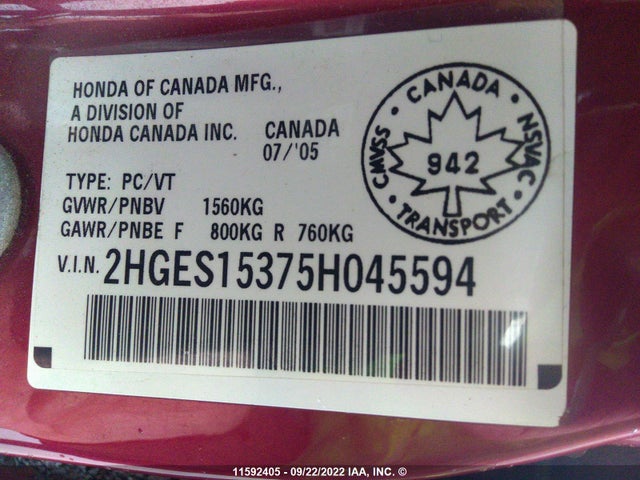 Honda Civic Dx Vp 2005 2HGES15375H045594 Image 10