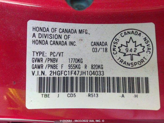 Honda CIVIC EX 2018 2HGFC1F47JH104033 Image 9