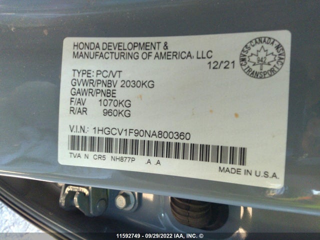 Honda Accord Touring 2022 1HGCV1F90NA800360 Image 10