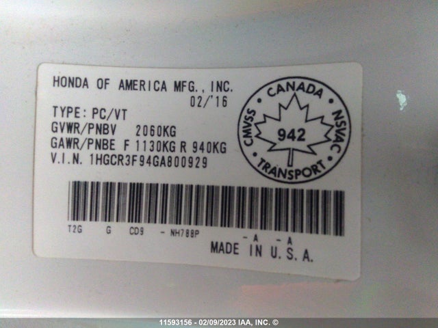 Honda Accord 2016 1HGCR3F94GA800929 Image 10