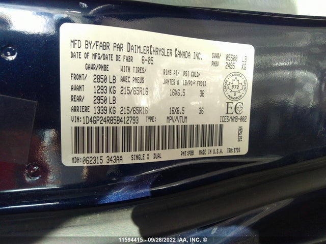 Dodge GRAND CARAVAN 2005 1D4GP24R85B412793 Image 10