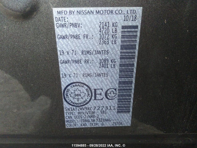 Nissan Rogue 2019 5N1AT2MV9KC727311 Image 10