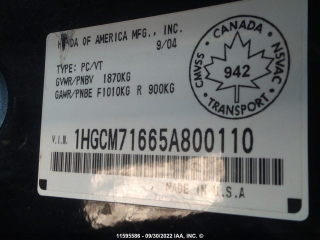 Honda ACCORD EX 2005 1HGCM71665A800110 Image 10