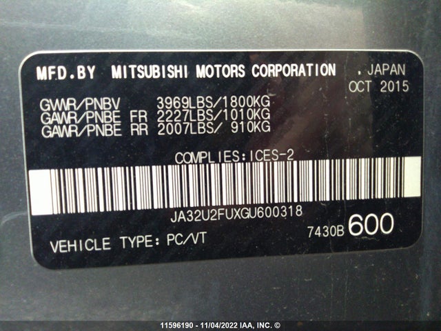 JA32U2FUXGU600318 Mitsubishi Lancer