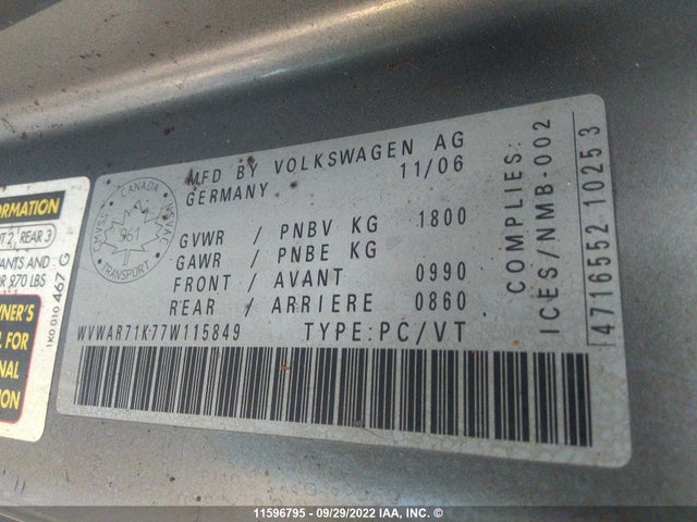 Volkswagen Rabbit 2007 WVWAR71K77W115849 Image 10
