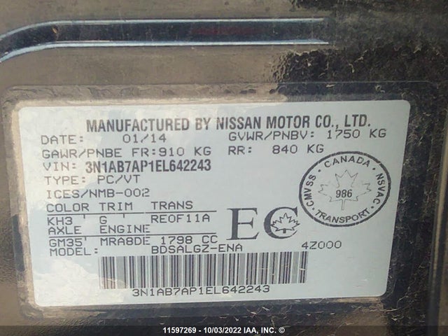 Nissan Sentra S/sv/sr/sl 2014 3N1AB7AP1EL642243 Image 10