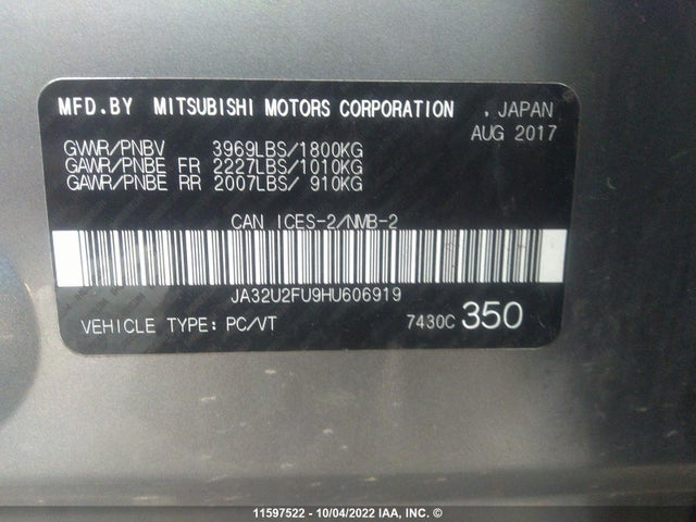 JA32U2FU9HU606919 Mitsubishi LANCER ES