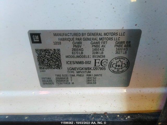 Chevrolet Traverse Lt 2019 1GNEVGKW8KJ207905 Image 9