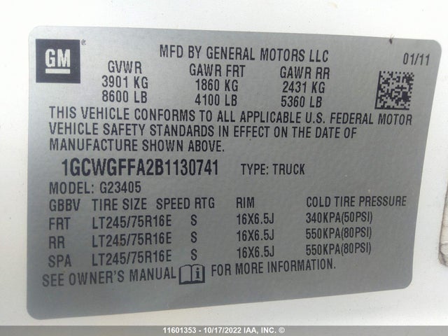 Chevrolet Express G2500 2011 1GCWGFFA2B1130741 Image 9