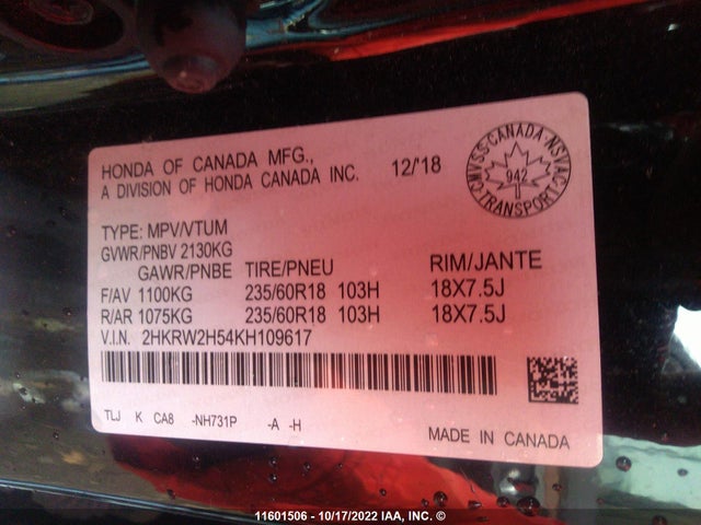 Honda CR-V EX 2019 2HKRW2H54KH109617 Image 9
