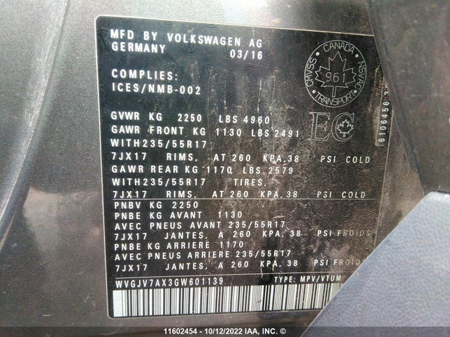 WVGJV7AX3GW601139 Volkswagen Tiguan Comfort/high/r-line/sp Ed