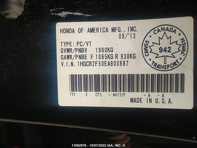 Honda Accord Sport 2014 1HGCR2F50EA800687 Image 10