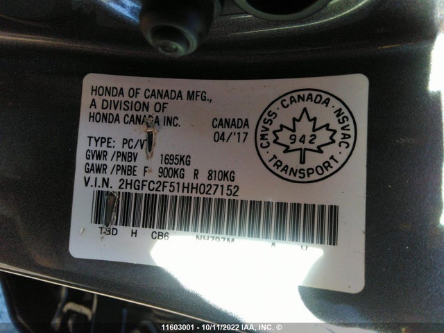 Honda Civic Lx 2017 2HGFC2F51HH027152 Image 10