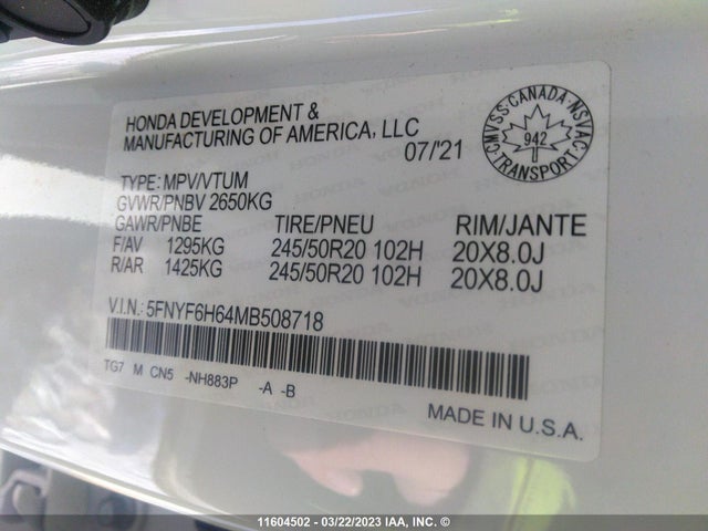 Honda Pilot Touring 2021 5FNYF6H64MB508718 Image 11