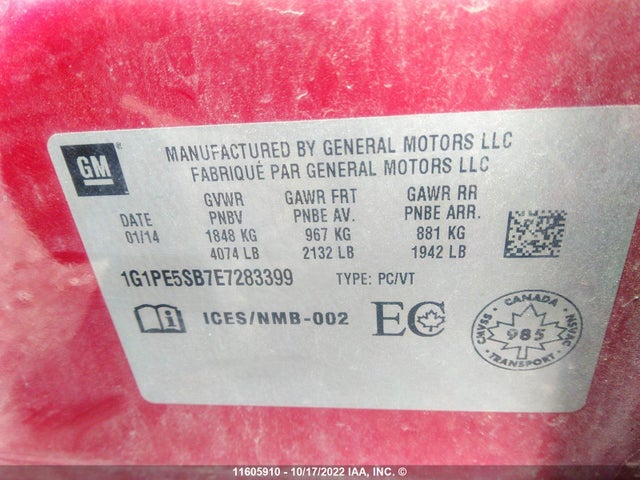 Chevrolet CRUZE LT 2014 1G1PE5SB7E7283399 Image 9
