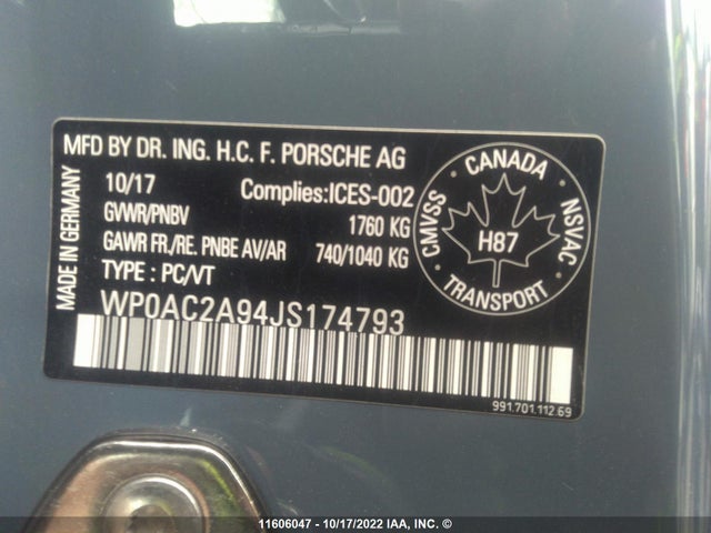 2018 PORSCHE 911 GT3 VIN: WP0AC2A94JS174793