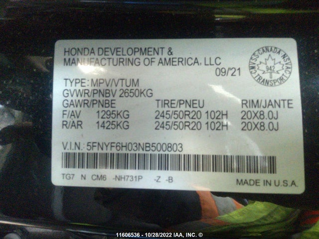 Honda Pilot 2022 5FNYF6H03NB500803 Image 10