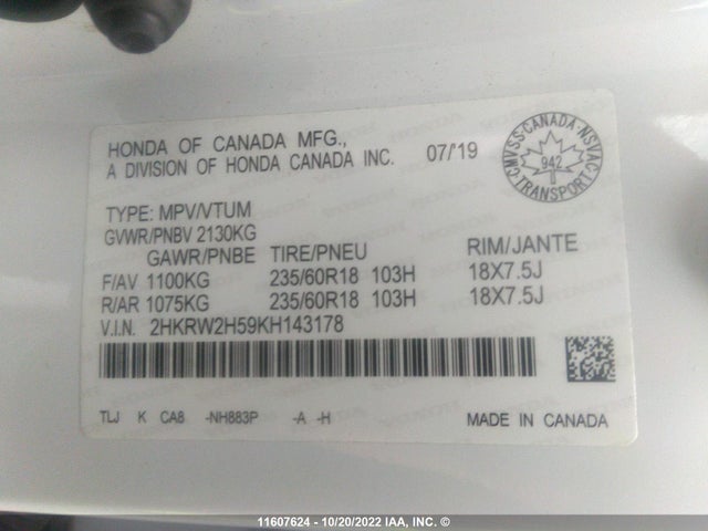 Honda CR-V EX 2019 2HKRW2H59KH143178 Image 9