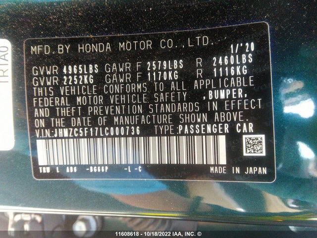 Honda Clarity 2020 JHMZC5F17LC000736 Image 9
