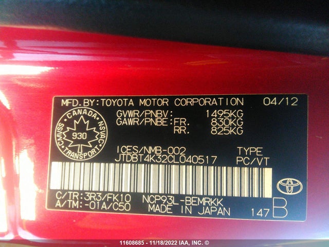 Toyota Yaris 2012 JTDBT4K32CL040517 Image 10
