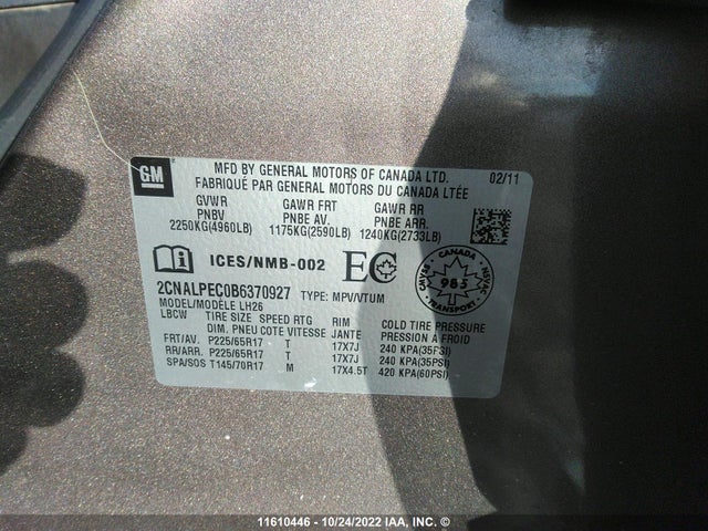 Chevrolet EQUINOX 2011 2CNALPEC0B6370927 Image 10