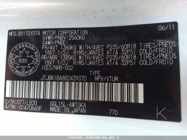 JTJBK1BA8B2439370 Lexus RX 350