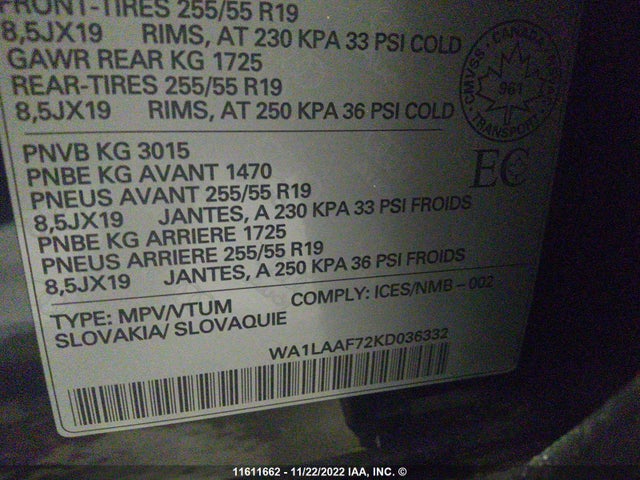 WA1LAAF72KD036332 Audi Q7 Premium Plus/se Premium P