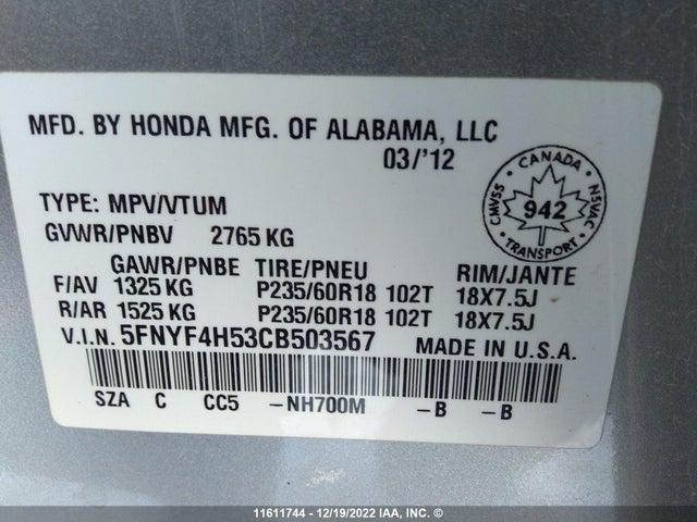 11611744 :رقم المزاد ، 5FNYF4H53CB503567 vin ، 2012 Honda Pilot Exl مزاد بيع