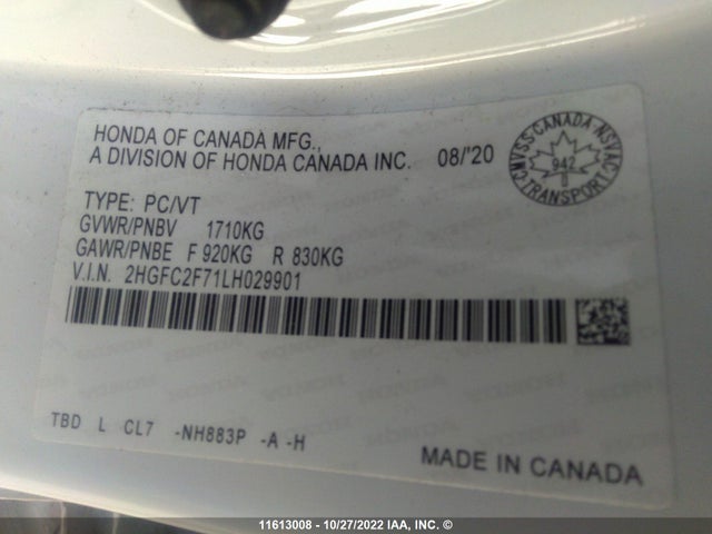 Honda Civic 2020 2HGFC2F71LH029901 Image 10