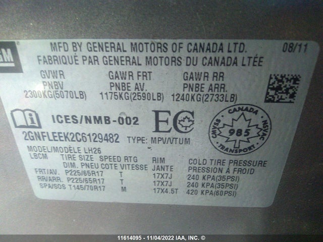 Chevrolet EQUINOX 2012 2GNFLEEK2C6129482 Image 10